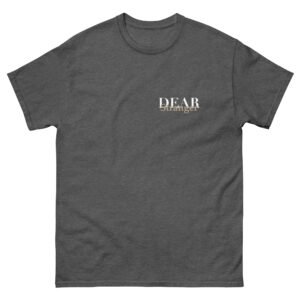Unisex dark heather grey T-Shirt with the message "Dear stranger, your smile could be the reasons someone believes in kindness today."