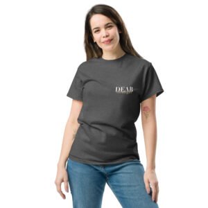 Unisex Dark Heather grey T-shirt with the message" Dear stranger, keep in mind that small steps still move you forward. You're getting there!"