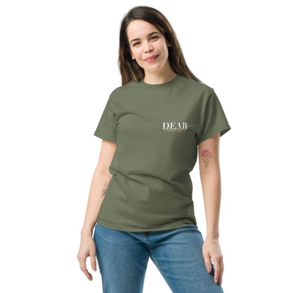 Military green T-shirt with the Dear stranger logo