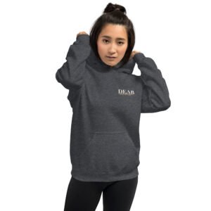 Unisex dark heather grey hoodie with the message "Dear stranger, keep in mind that small steps still move you forward. You're getting there!"