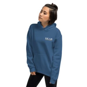 Unisex indigo blue hoodie with the message "Dear stranger, keep in mind that small steps still move you forward. You're getting there!"