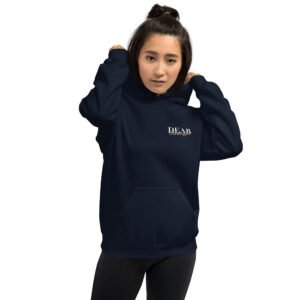 Unisex navy blue hoodie with the message "Dear stranger, keep in mind that small steps still move you forward. You're getting there!"