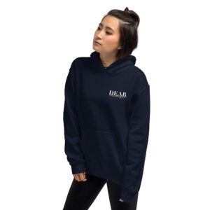 Unisex navy blue hoodie with the message "Dear stranger, keep in mind that small steps still move you forward. You're getting there!"