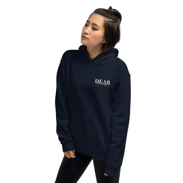 Unisex navy blue hoodie with the message "Dear stranger, keep in mind that small steps still move you forward. You're getting there!"