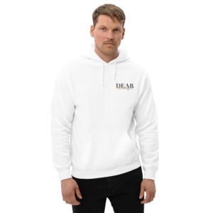 Unisex white hoodie with the message "Dear stranger, keep in mind that small steps still move you forward. You're getting there!"