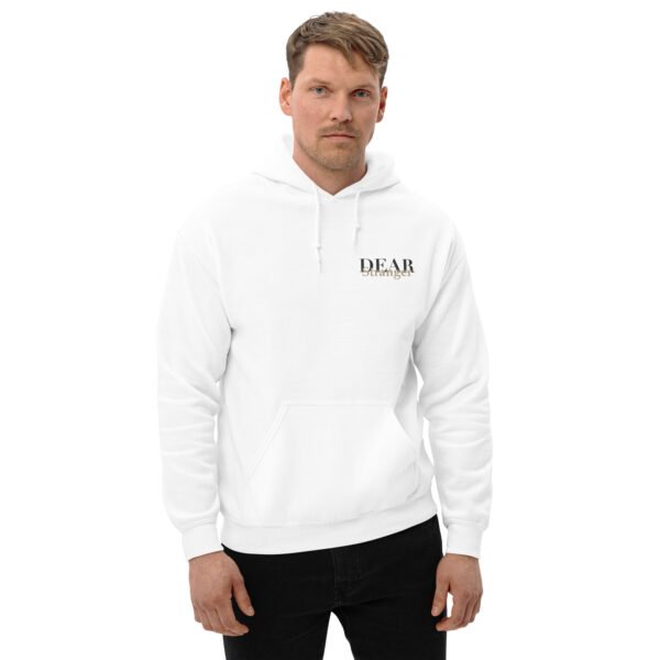 Unisex white hoodie with the message "Dear stranger, keep in mind that small steps still move you forward. You're getting there!"