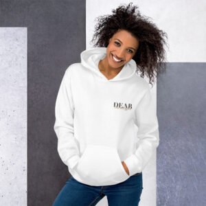 Unisex white hoodie with the message "Dear stranger, your smile could be the reasons someone believes in kindness today"